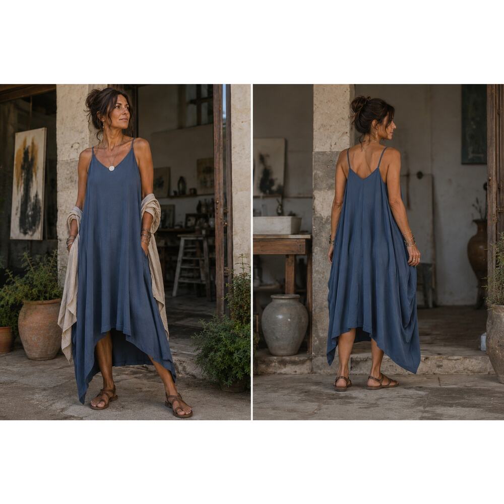 Joie Blue Lagenlook Maxi Dress Womens Medium Asymmetrical Swing Slip Dress